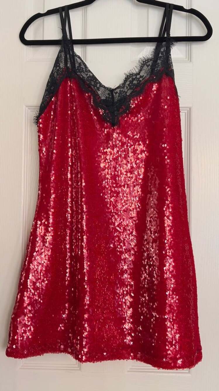 Red Sequin Lace Trim Camisole Slip Dress